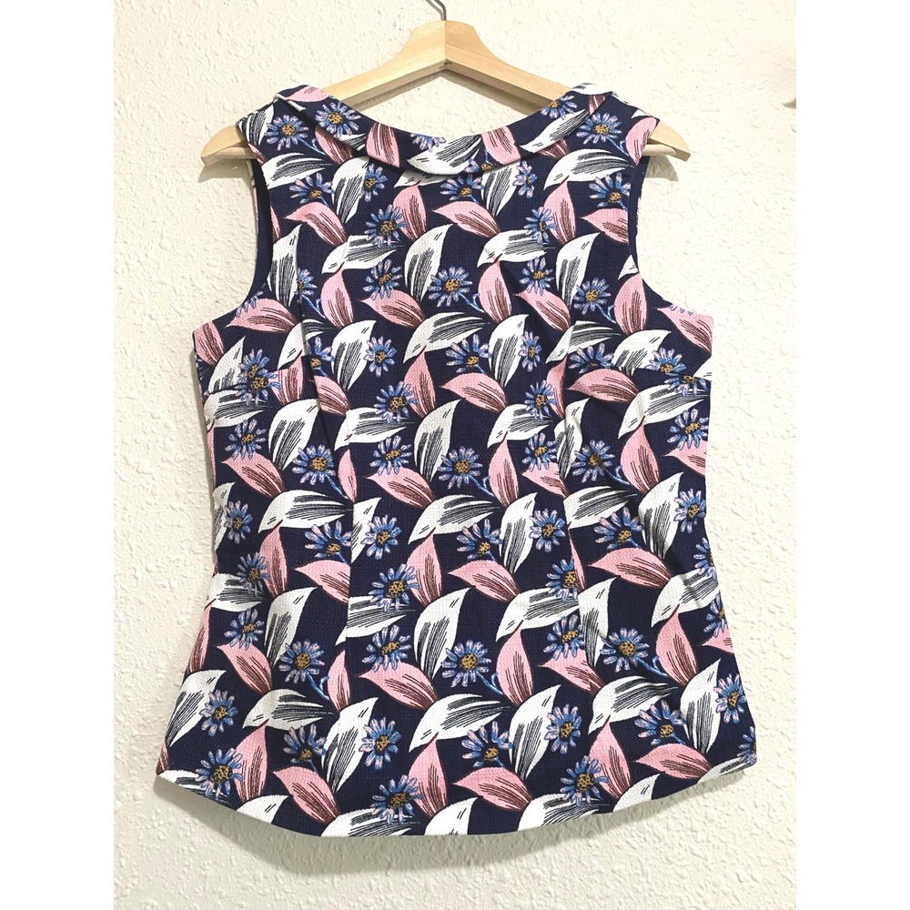 Boden Navy Blue Pink Floral Peplum Sleeveless Top Rolled Collar WA780